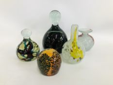 3 X MDINA GLASS PAPERWEIGHTS ALONG WITH 2 MOLINA VASES ALL SIGNED MOLINA TO BASE