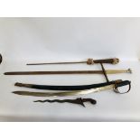 3 DECORATIVE SWORDS (ONE WITH SCABBARD) PLUS EASTERN DAGGER WITH WAVY BLADE