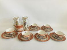 JAPANESE EGGSHELL 19 PIECE TEA SET ALONG WITH A PAIR OF CONTINENTAL FLORAL DECORATED VASES