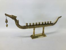 A BRASS SUPHANNAHONG ROYAL BARGE WITH BELL - 78CM L. 32CM TOP OF NOSE. 21CM HIGH AND DECK.