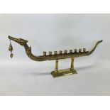 A BRASS SUPHANNAHONG ROYAL BARGE WITH BELL - 78CM L. 32CM TOP OF NOSE. 21CM HIGH AND DECK.