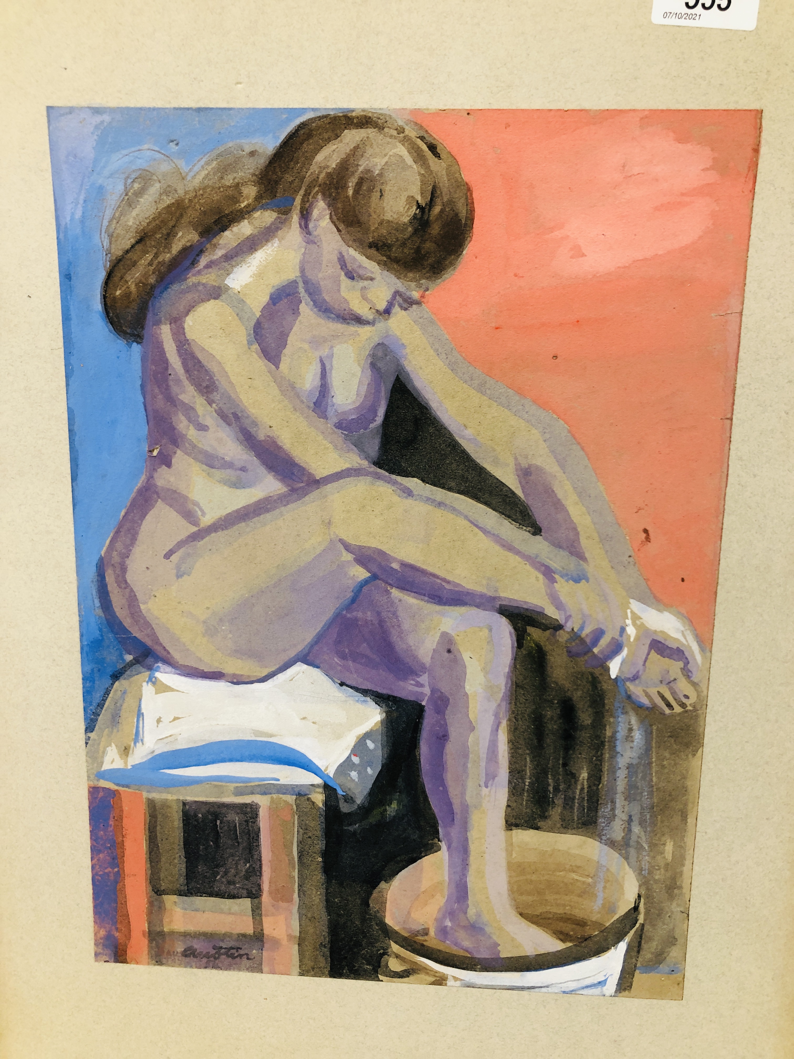 UNFRAMED MODERN ART STUDY - WATERCOLOUR OF NUDE LADY SEATED BEARING SIGNATURE ALONG WITH 2 OTHER - Image 4 of 9