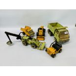 A COLLECTION OF 5 TONKA TOYS TO INCLUDE DUMPER TRUCK, DIGGER, JEEP ETC.
