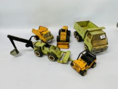 A COLLECTION OF 5 TONKA TOYS TO INCLUDE DUMPER TRUCK, DIGGER, JEEP ETC.