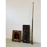 A HARDWOOD EASTERN CARVED WALL HANGING ALONG WITH A HARDWOOD CARVED WALL MIRROR + BRASS EXTENDING