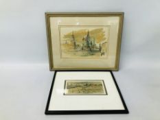 FRAMED PENCIL & WATERCOLOUR "ST BASILS CATHEDRAL" BEARING SIGNATURE "RAY EVANS" - H 18.5CM X W 27.