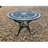 A DECORATIVE CAST METAL PATIO TABLE - TOP DIAMETER 80CM