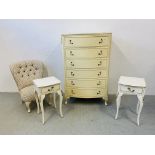 A CONTINENTAL STYLE CREAM FINISH BOW FRONTED SIX DRAWER CHEST WITH APPLIED DETAIL - W 78CM. D 48CM.