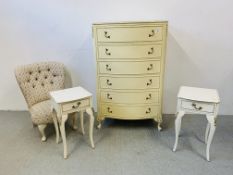 A CONTINENTAL STYLE CREAM FINISH BOW FRONTED SIX DRAWER CHEST WITH APPLIED DETAIL - W 78CM. D 48CM.