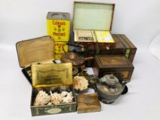 2 X BOXES OF ASSORTED COLLECTIBLES TO INCLUDE VINTAGE WRITING SLOPE WITH BRASS BANDING (REQUIRES