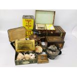 2 X BOXES OF ASSORTED COLLECTIBLES TO INCLUDE VINTAGE WRITING SLOPE WITH BRASS BANDING (REQUIRES