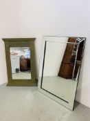 A MODERN MIRRORED FRAMED WALL MIRROR 75CM X 105CM ALONG WITH PAINTED WOOD FRAMED MIRROR 68CM X