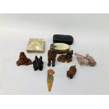 COLLECTION OF MINIATURE HARDWOOD FIGURES ALONG WITH A NETSUKE MONKEY + VINTAGE WAX SEAL OF A CREST