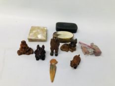 COLLECTION OF MINIATURE HARDWOOD FIGURES ALONG WITH A NETSUKE MONKEY + VINTAGE WAX SEAL OF A CREST