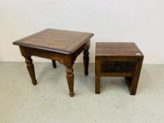 A HARDWOOD OCCASIONAL TABLE WITH DRAWER TO END + SINGLE DRAWER HARDWOOD LAMP TABLE