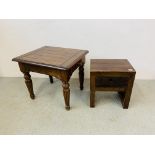 A HARDWOOD OCCASIONAL TABLE WITH DRAWER TO END + SINGLE DRAWER HARDWOOD LAMP TABLE