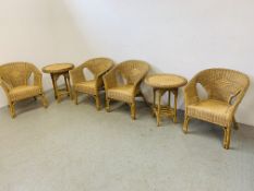 4 WICKER CONSERVATORY TUB CHAIRS AND MATCHING PAIR OF OCCASIONAL TABLES