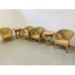 4 WICKER CONSERVATORY TUB CHAIRS AND MATCHING PAIR OF OCCASIONAL TABLES