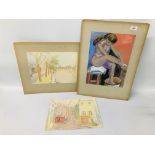 UNFRAMED MODERN ART STUDY - WATERCOLOUR OF NUDE LADY SEATED BEARING SIGNATURE ALONG WITH 2 OTHER