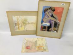 UNFRAMED MODERN ART STUDY - WATERCOLOUR OF NUDE LADY SEATED BEARING SIGNATURE ALONG WITH 2 OTHER