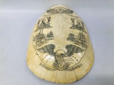 A MODERN SCRIMSHAW LIKE PATRIOTIC DISPLAY PIECE IN THE FORM OF A TURTLE SHELL