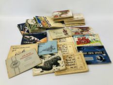 BOX OF ASSORTED VINTAGE CIGARETTE AND TEA CARDS IN ALBUMS TO INCLUDE NAVEL, RACE INTO SPACE,