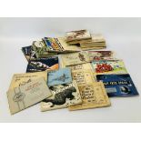 BOX OF ASSORTED VINTAGE CIGARETTE AND TEA CARDS IN ALBUMS TO INCLUDE NAVEL, RACE INTO SPACE,