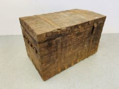 A LARGE ANTIQUE OAK METAL BOUND SILVERSMITHS CHEST WITH DOMED LID A/F CONDITION W 108CM. D 65CM.