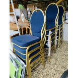 14 BLUE UPHOLSTERED METAL FRAMED STACKING CONFERENCE CHAIRS IN GOLD FINISH