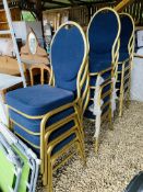 14 BLUE UPHOLSTERED METAL FRAMED STACKING CONFERENCE CHAIRS IN GOLD FINISH