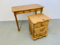 A SMALL PINE THREE DRAWER BEDSIDE CHEST AND A SOLID PINE TWO DRAWER SIDE TABLE - W 93CM. D 47CM.