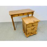 A SMALL PINE THREE DRAWER BEDSIDE CHEST AND A SOLID PINE TWO DRAWER SIDE TABLE - W 93CM. D 47CM.