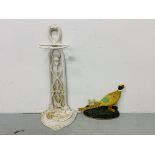 A DECORATIVE CAST IRON UMBRELLA / STICK STAND A/F AND A DECORATIVE CAST IRON COCK PHEASANT DOOR