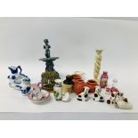 BOX OF MINIATURE DOLLS HOUSE CERAMICS TO INCLUDE STAFFORDSHIRE STYLE DOGS, BIRD CAGE,