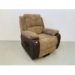 A MODERN ELECTRIC RECLINING EASY CHAIR WITH BROWN FAUX LEATHER AND BROWN CORDED UPHOLSTERY - SOLD