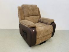 A MODERN ELECTRIC RECLINING EASY CHAIR WITH BROWN FAUX LEATHER AND BROWN CORDED UPHOLSTERY - SOLD