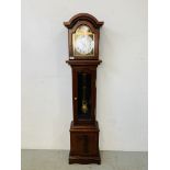 A REPRODUCTION MAHOGANY FINISH WESTMINSTER CHIMING GRANDMOTHER CLOCK - HEIGHT 147CM.