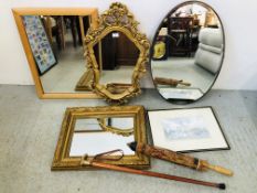 GILT FRAMED MIRROR, VINTAGE OVAL BRASS FRAMED WALL MIRROR, BRASS HANDLED WALKING STICK,