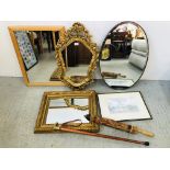 GILT FRAMED MIRROR, VINTAGE OVAL BRASS FRAMED WALL MIRROR, BRASS HANDLED WALKING STICK,