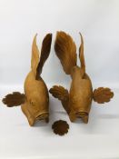 2 X LARGE CARVED TEAK WOOD FISH ORNAMENTS - EACH HEIGHT 58CM. LENGTH 65CM.