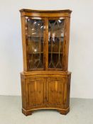 A QUALITY REPRODUCTION YEW FINISH CONCAVE HALF GLAZED FULL HEIGHT CORNER CABINET - W 92CM. H 180CM.