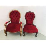 2 X VICTORIAN MAHOGANY FRAMED RED VELVET BUTTON BACK CHAIRS