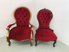 2 X VICTORIAN MAHOGANY FRAMED RED VELVET BUTTON BACK CHAIRS