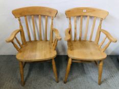 A PAIR OF TRADITIONAL BEECH WOOD ELBOW CHAIRS