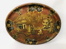 LARGE VINTAGE, OVAL PAPIER MACHE TRAY, HANDPAINTED, DECORATED IN AN ORIENTAL SCENE - W 74CM X H 59.
