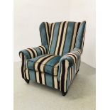 A MODERN DESIGNER STRIPED UPHOLSTERED WING SIDE ARM CHAIR