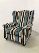 A MODERN DESIGNER STRIPED UPHOLSTERED WING SIDE ARM CHAIR