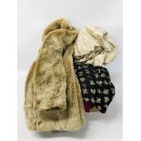 BOX OF ASSORTED VINTAGE CLOTHING TO INCLUDE FAUX FUR COAT MARKED "FRANSA",