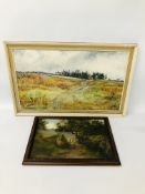 A JOHN BROADWATER OIL ON BOARD OF "HEATH NEAR WARREN LODGE" 1969 + 1 OTHER OIL ON CANVAS OF