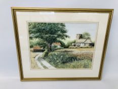 FRAMED WATERCOLOUR "RAVINGHAM CHURCH" BEARS SIGNATURE COLIN MORRIS 1986 H 30CM,